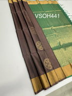 VSOH441 - chocolate brown color body , pastel green color pallu , blouse - Pure silk saree