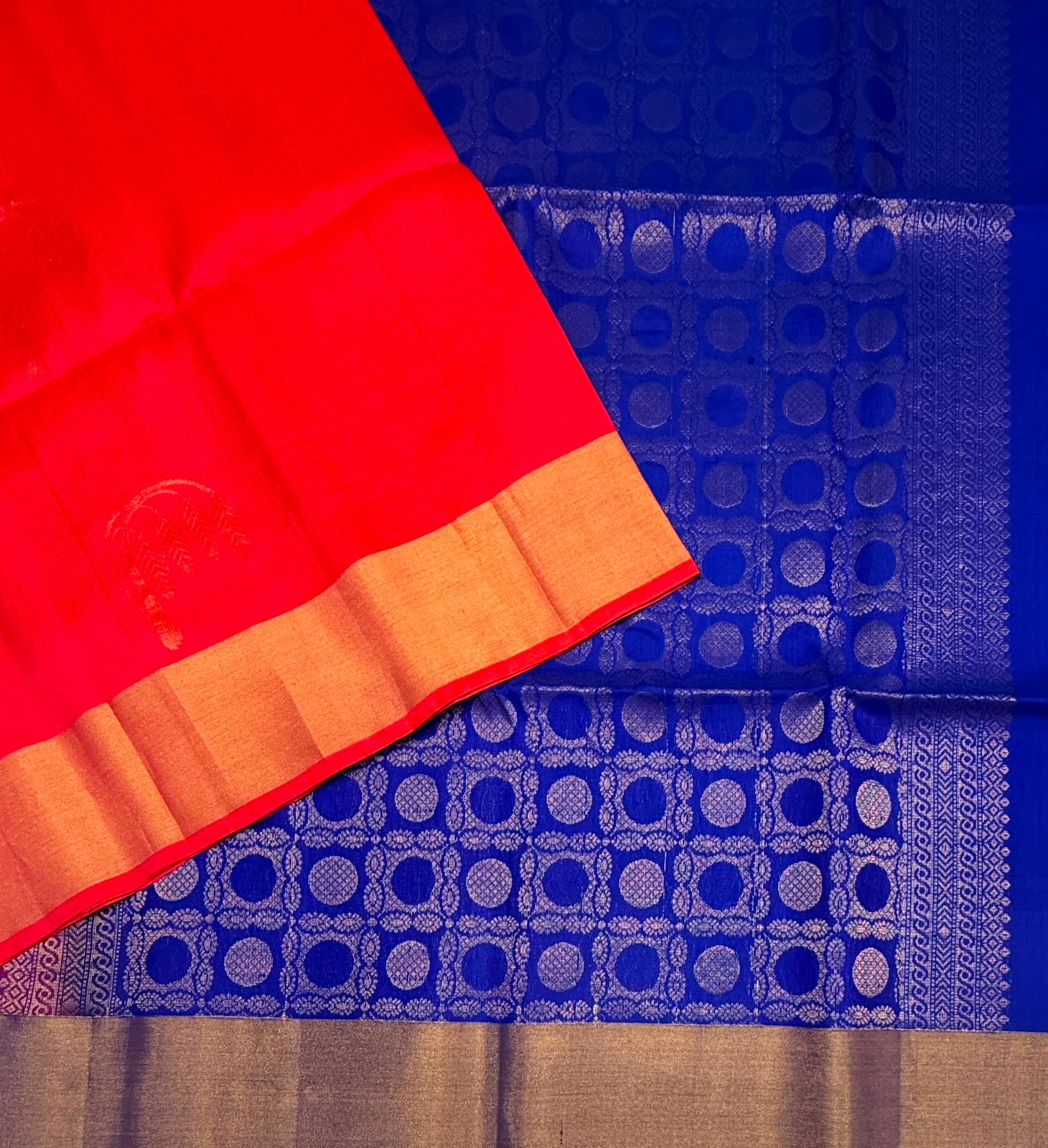 VSOH439 - pinkish orange color body , ink blue color pallu , blouse - Pure silk saree