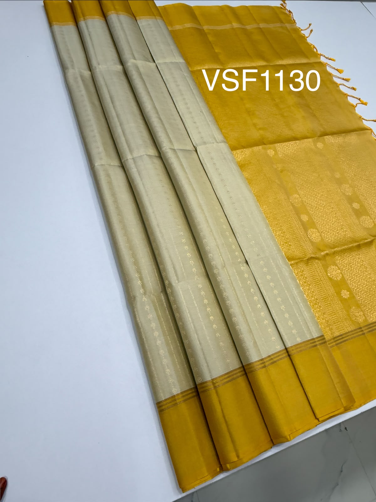 VSF1130 - beige color body , yellow color pallu,blouse - Pure silk saree