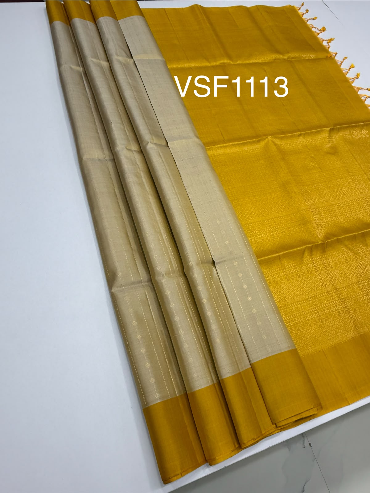 VSF1113 - beige color body , yellow color pallu,blouse - Pure silk saree