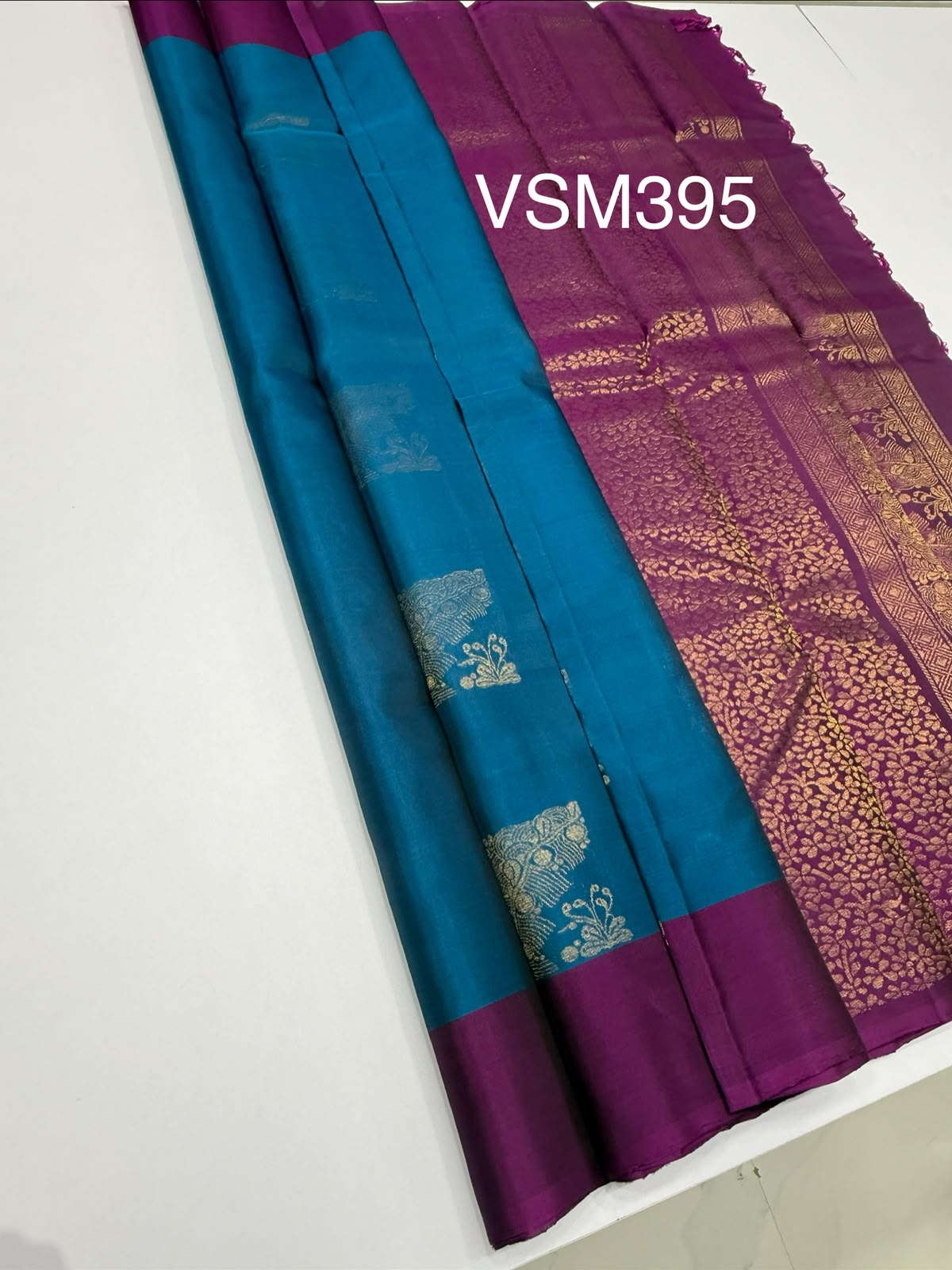 VSM395 - peacock blue color body , purple color pallu , blouse