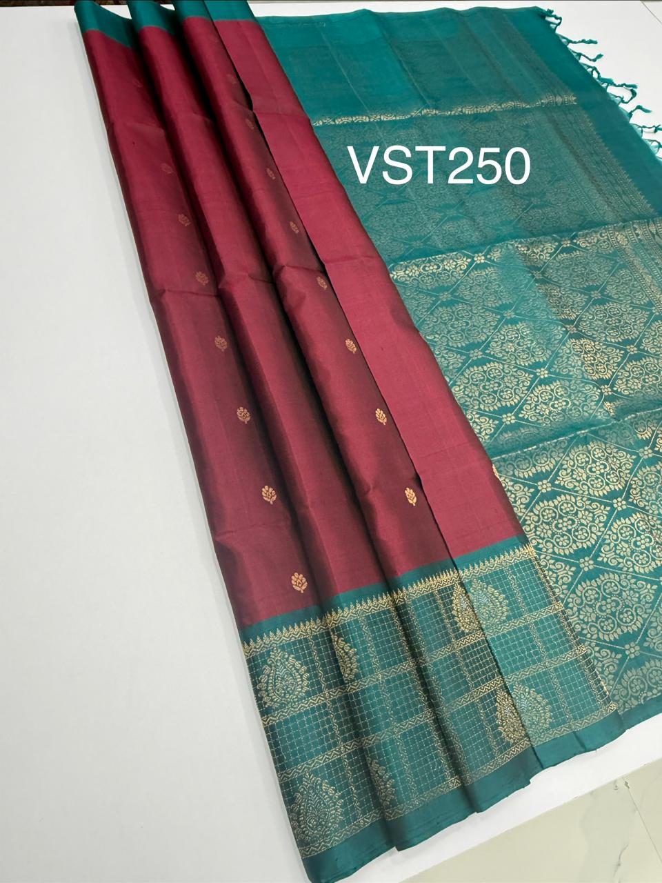 VST250 - purple color body , peacock blue color pallu , blouse - Pure silk saree