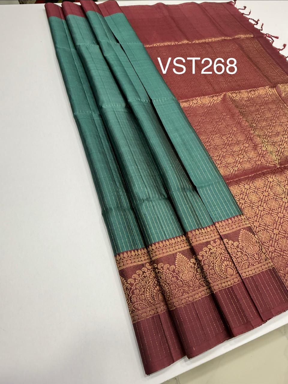 VST268 - pastel blue color body , dusky pink color pallu , blouse - Pure silk saree