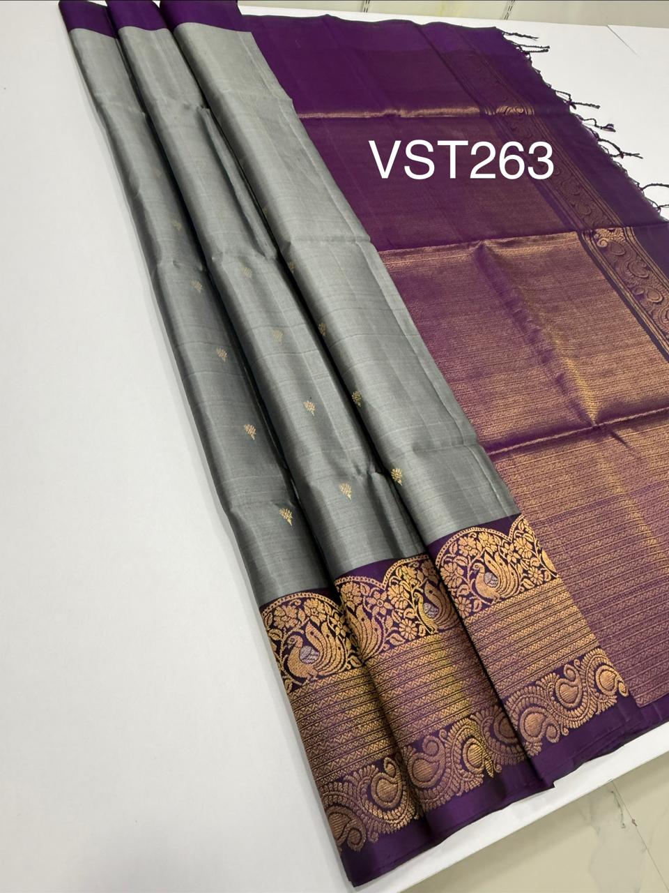VST263 - grey color body , violet color pallu , blouse - Pure silk saree