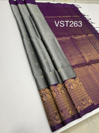 VST263 - grey color body , violet color pallu , blouse - Pure silk saree