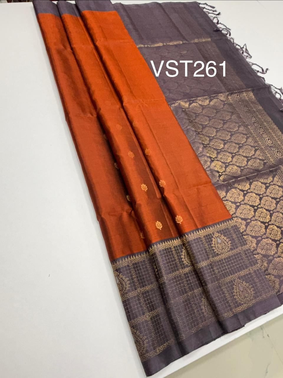 VST261 - brick red color body , lavender color pallu , blouse - Pure silk saree