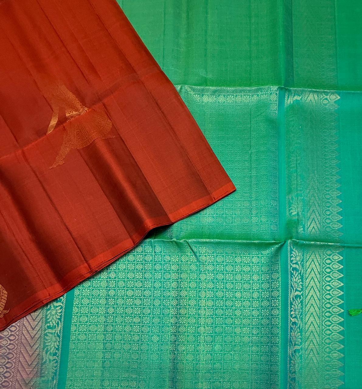 VSBP89 - brick red color body & blue with green color pallu,blouse - Pure silk saree