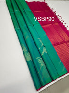 VSBP90 - blue white green color body & rani pink color pallu,blouse - Pure silk saree