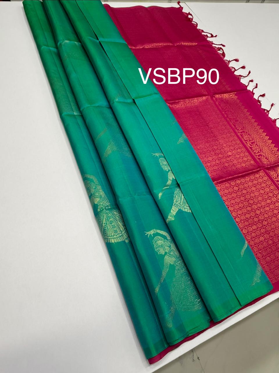 VSBP90 - blue white green color body & rani pink color pallu,blouse - Pure silk saree