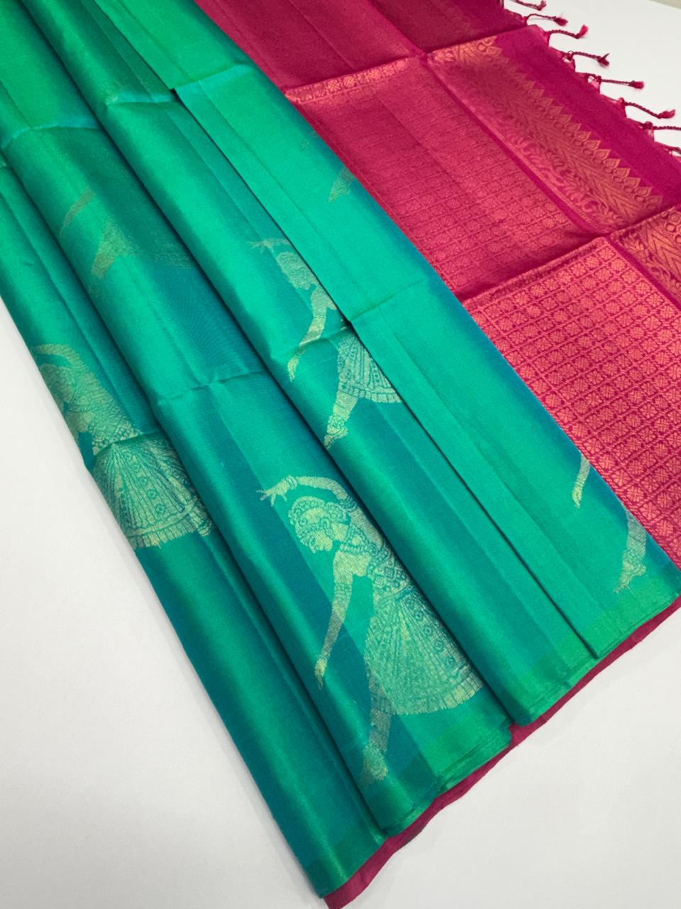 VSBP90 - blue white green color body & rani pink color pallu,blouse - Pure silk saree