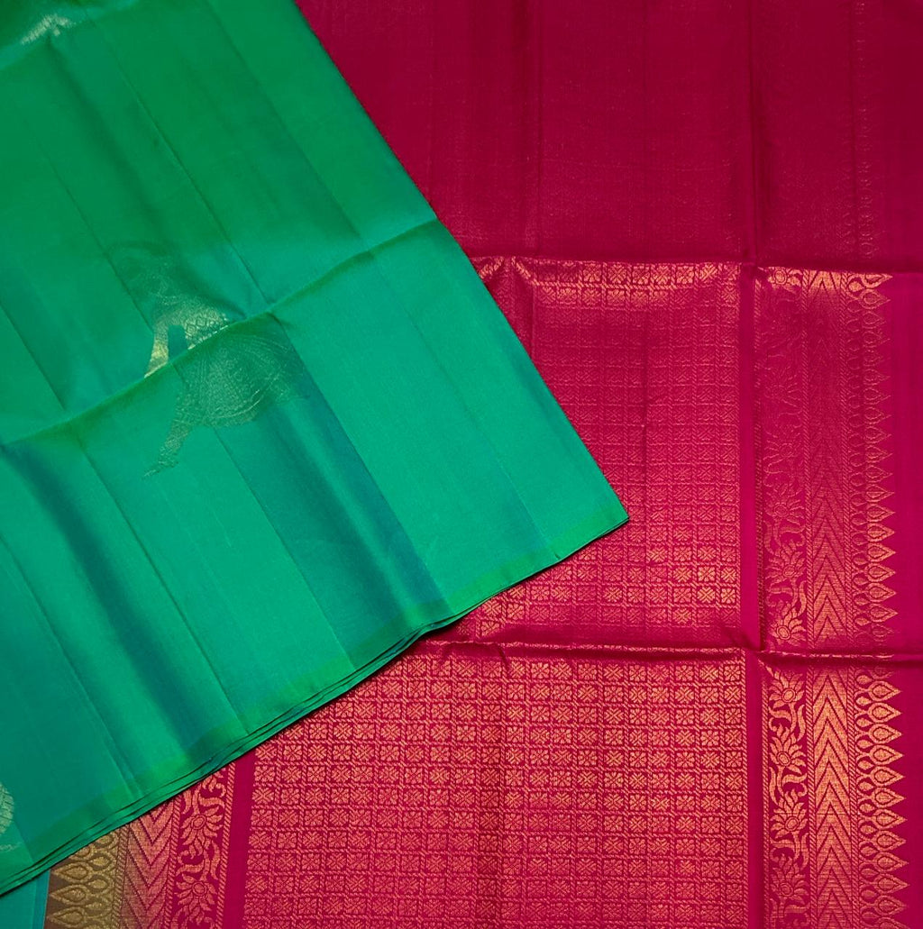 VSBP90 - blue white green color body & rani pink color pallu,blouse - Pure silk saree