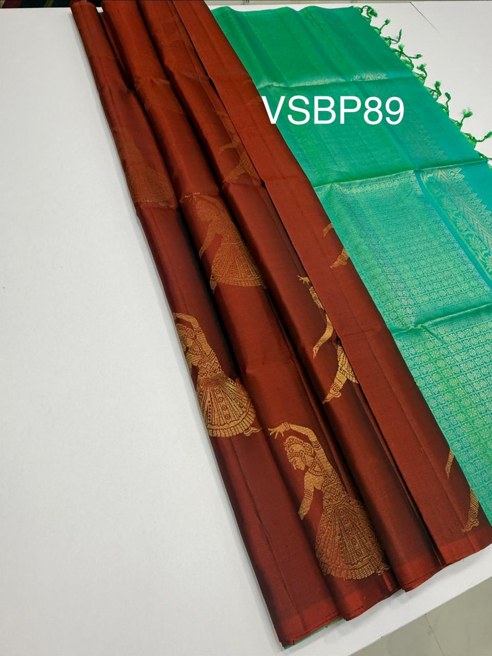 VSBP89 - brick red color body & blue with green color pallu,blouse - Pure silk saree
