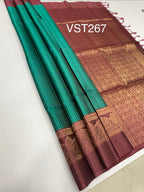 VST267 - peacock green color body , dusky pink color pallu , blouse - Pure silk saree