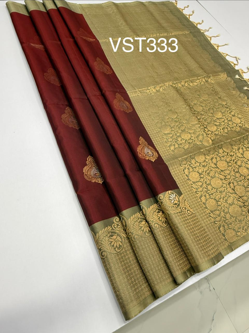 VST333 - maroon color body , beige color pallu , blouse - Pure silk saree