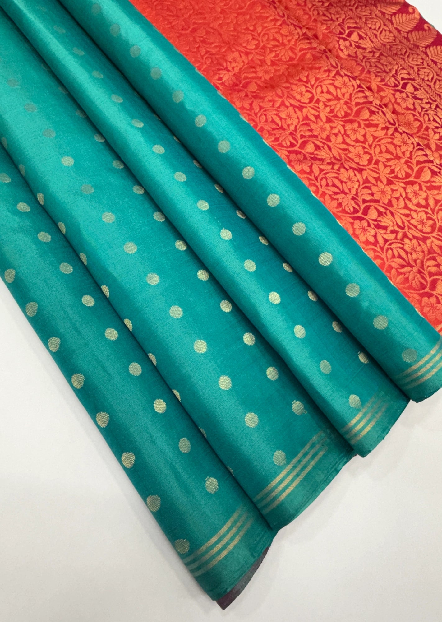 VSTP147 - blue color body,pallu &amp; pinkish orange color blouse - Pure silk saree
