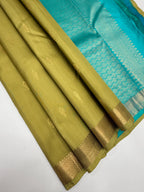 VSZB231 - khaki brown color body , blue color pallu , blouse - Pure silk saree