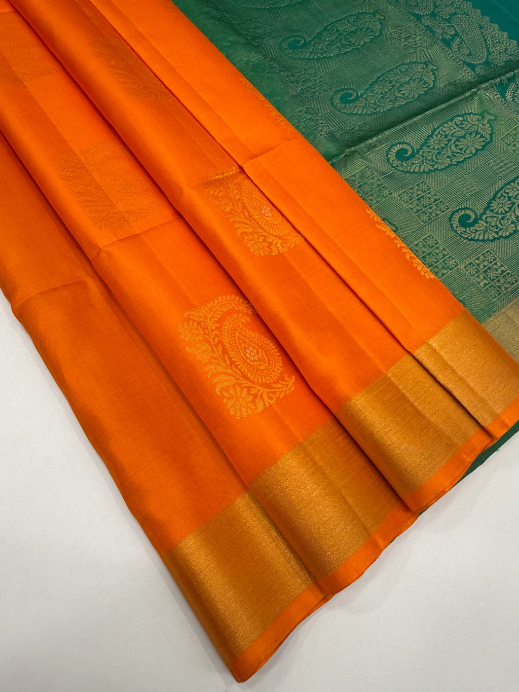 VSZB242 - orange color body , peacock blue color pallu , blouse - Pure silk saree