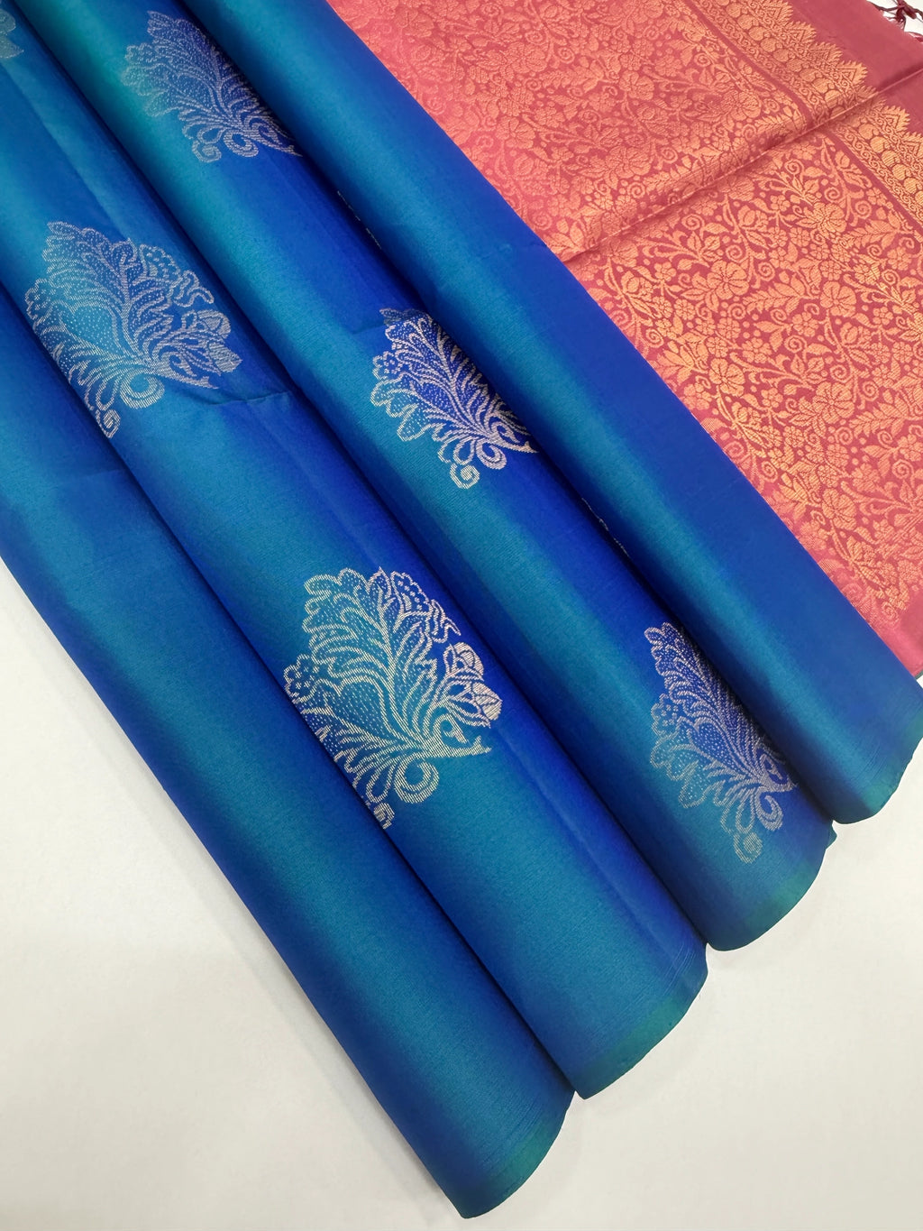 VSBL401 - peacock blue color body , dusky pink color pallu , blouse - Pure silk saree