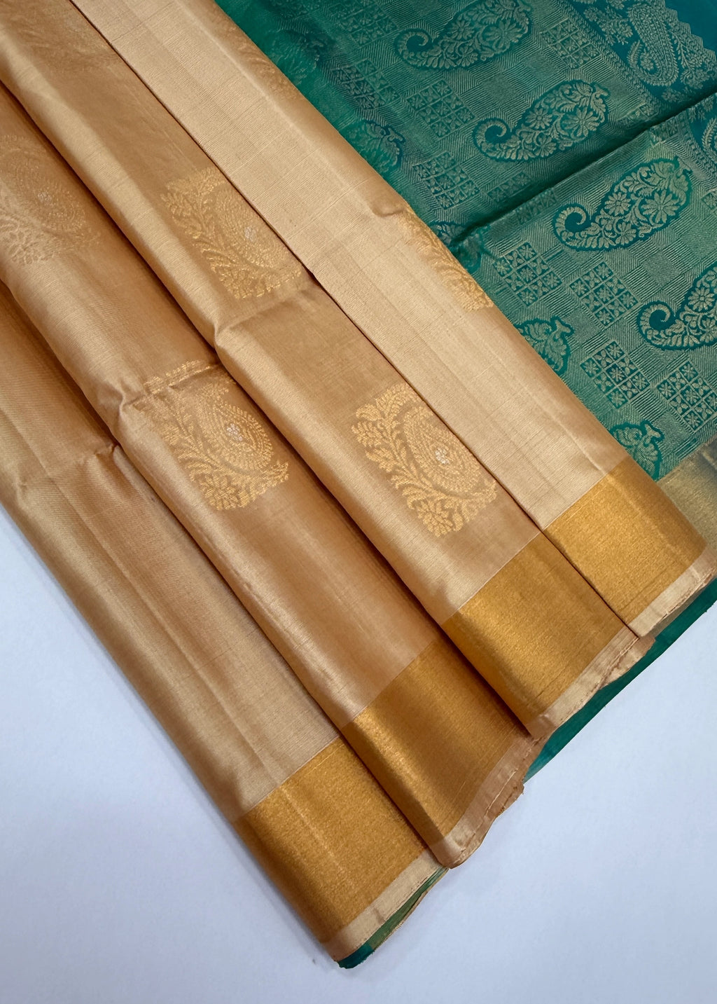 VSZB241 - sandal color body , peacock blue color pallu , blouse - Pure silk saree