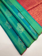 VSBL400 - blue with green color body , dusky pink color pallu , blouse - Pure silk saree