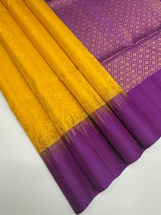 VSA652 - bright yellow color body & violet color pallu , blouse pure silk saree
