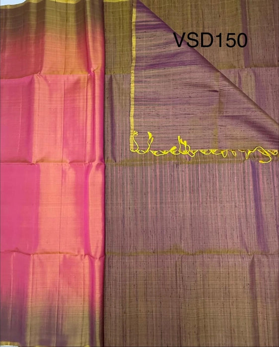 VSD150 - pink with orange color body &amp; yellow with violet color pallu,blouse - Pure silk saree