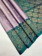 VST245 - pastel lavender color body , peacock green color pallu , blouse - Pure silk saree